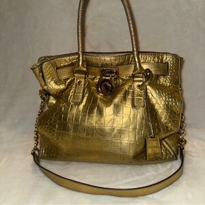 Michael Kors Gold Crocodile-Embossed Shoulder Bag